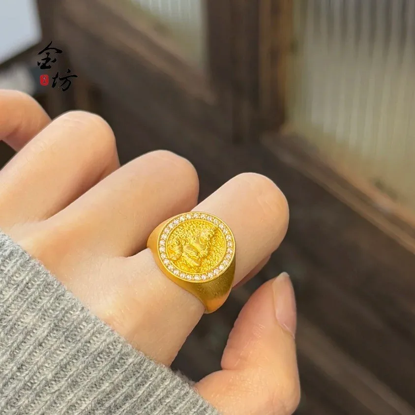 

9999 24K real gold new Chinese style diamond-set yellow wealthy ring retro light luxury adjustable finger ring