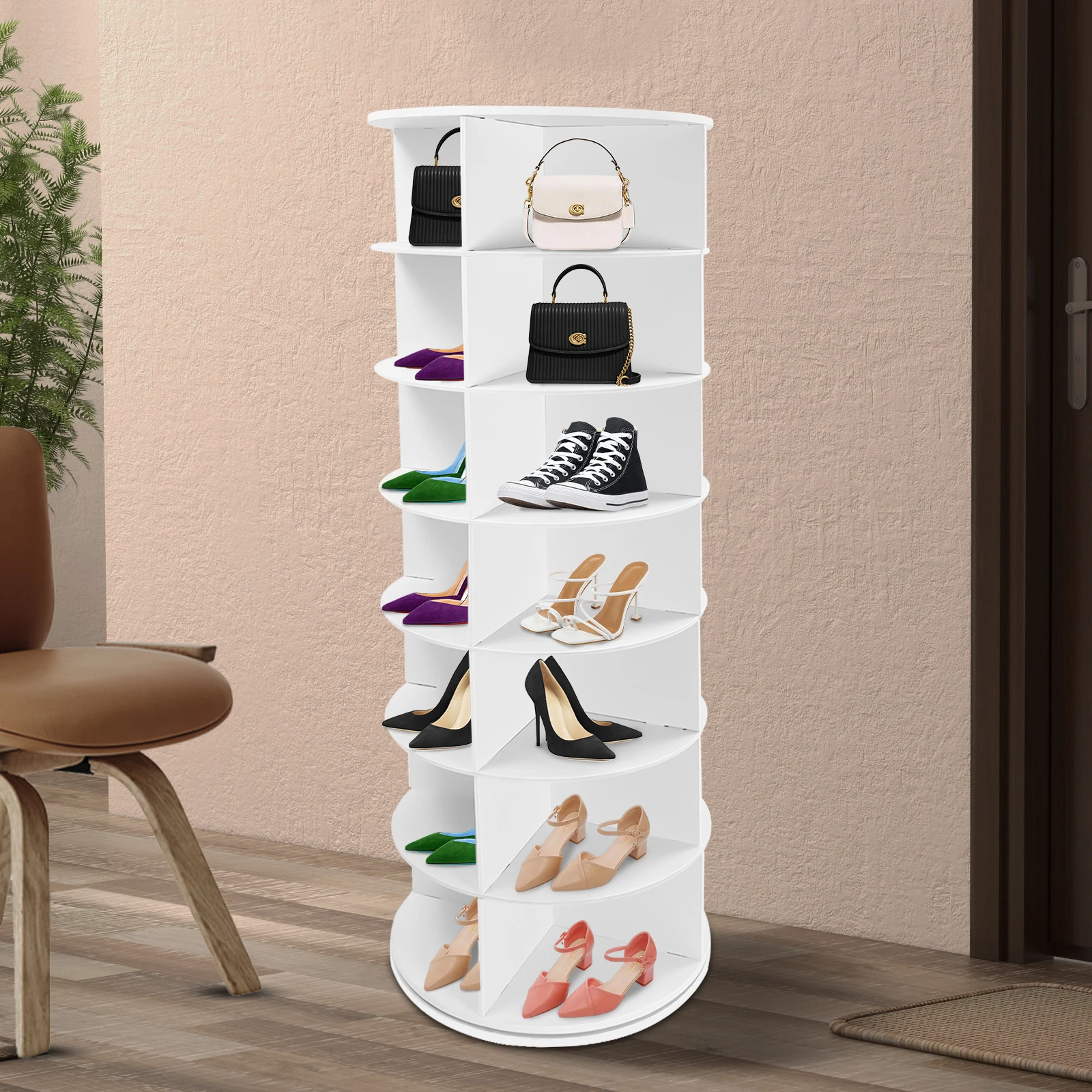 360° Rotating Shoe Rack, 7-Tier Freestanding White Shoe Storage Organizer Holds 28 Pairs, Foamed PVC & Wooden Revolving Shoe Shelf for Entryway, Bedroom, Cloakroom