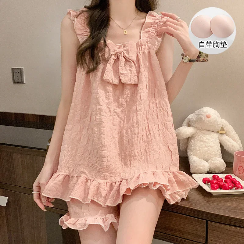2XL Large Size Pajamas with Chest Pads Women Summer Wrinkled Cloth Suspenders Loungewear Two-piece Set Sweet Loose Home Clothes
