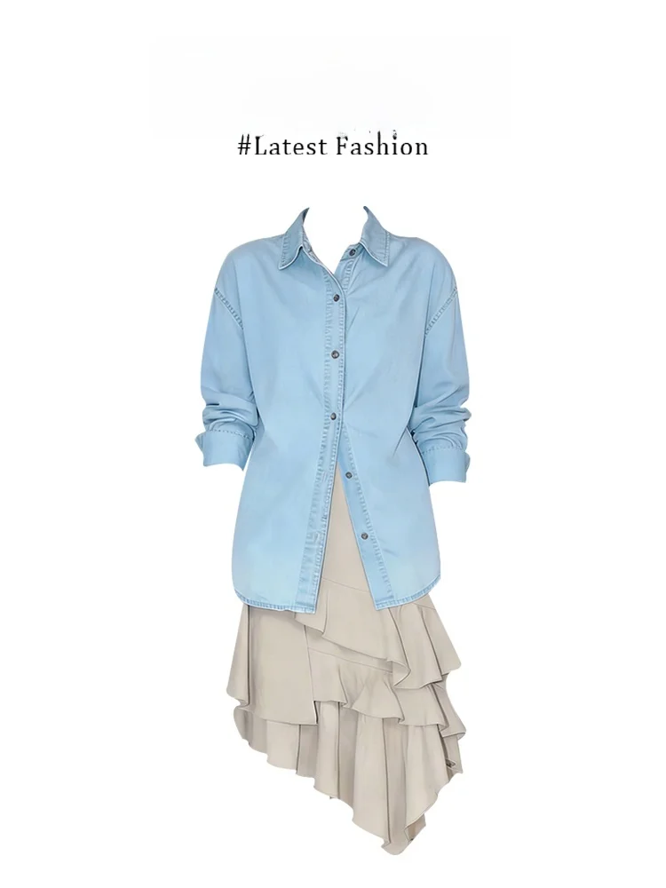 

Parkyeon Summer New Long Sleeve Shirt Jacket Beautiful Half Skirt Asymmetrical Fashion Set Casual Style Polyester Fiber