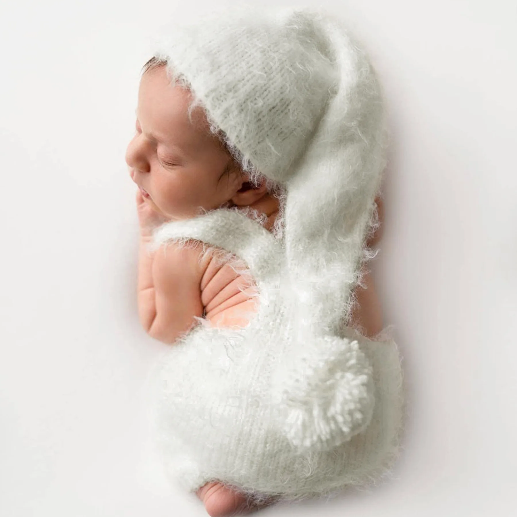 

0-1 Month Newborn Photography Outfit Knitted Long Cap Mohair Baby Romper Jumpsuit and Hat Photo Shoot Props