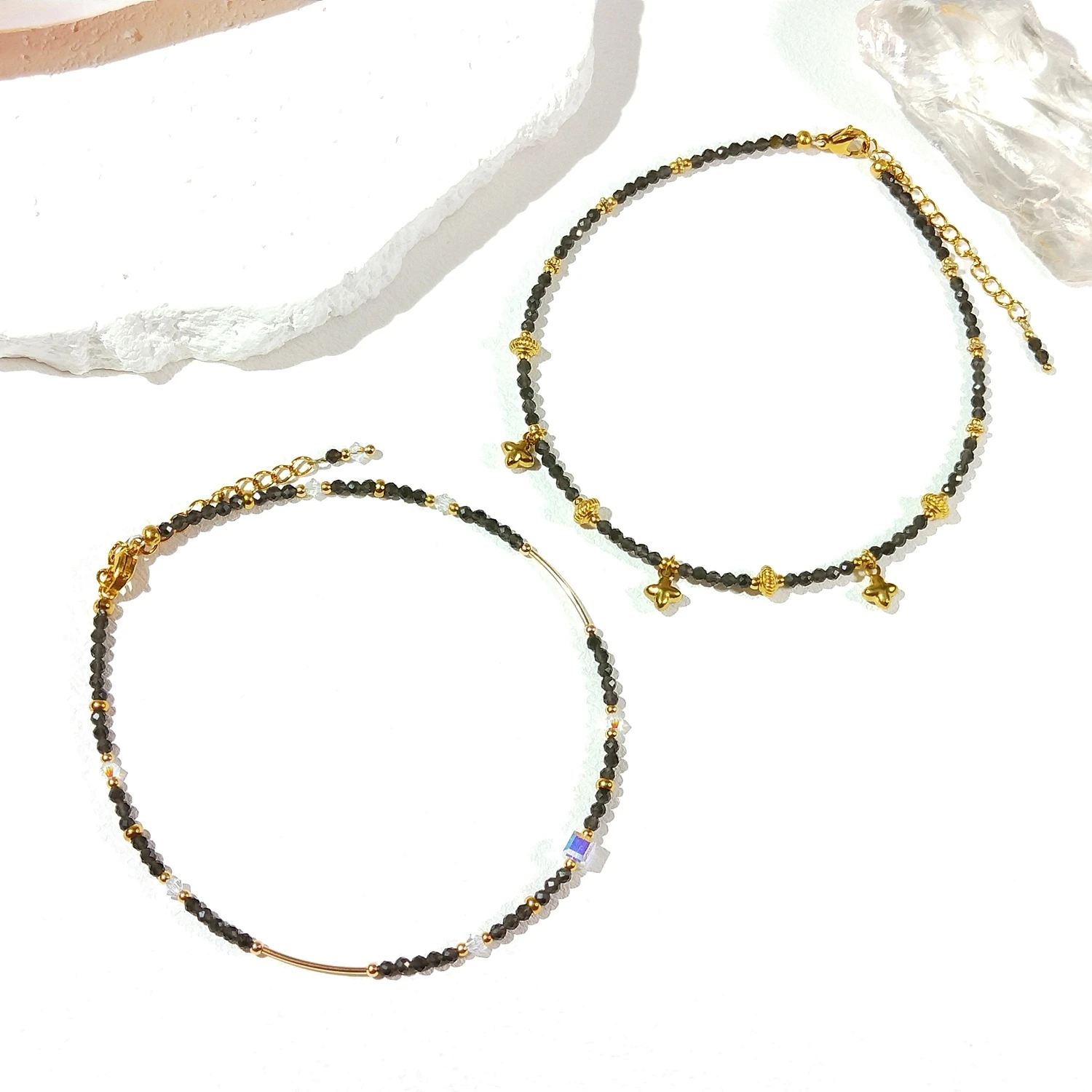 Lii Ji Natural Stone 2mm Facted Beads Obsidian With Crystal Beaded Anklet 24+4cm Handmade Bohe Fashion Jewelry For Female