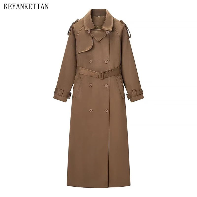 

KEYANKETIAN Winter new women clothing lapel double row button shoulder patch long sleeved belt suede long windbreaker women coat