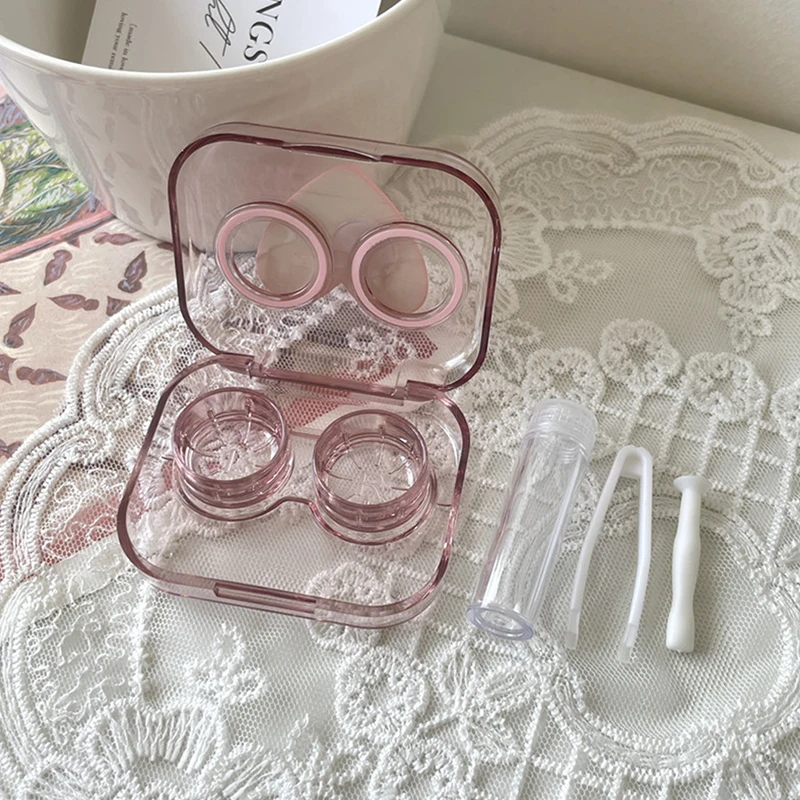 Porte-kit de voyage mignon rose transparent, nœud d'amour, étui à lentilles de contact, fille, portable, beauté, élève, boîte de rangement, conteneur de soins des yeux