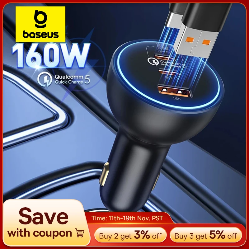Baseus 160W Car Charger QC 5.0 Fast Charging PPS PD3.0 USB Type C Car Phone Charge For iPhone 16 15 14 Laptops Tablets Samsung