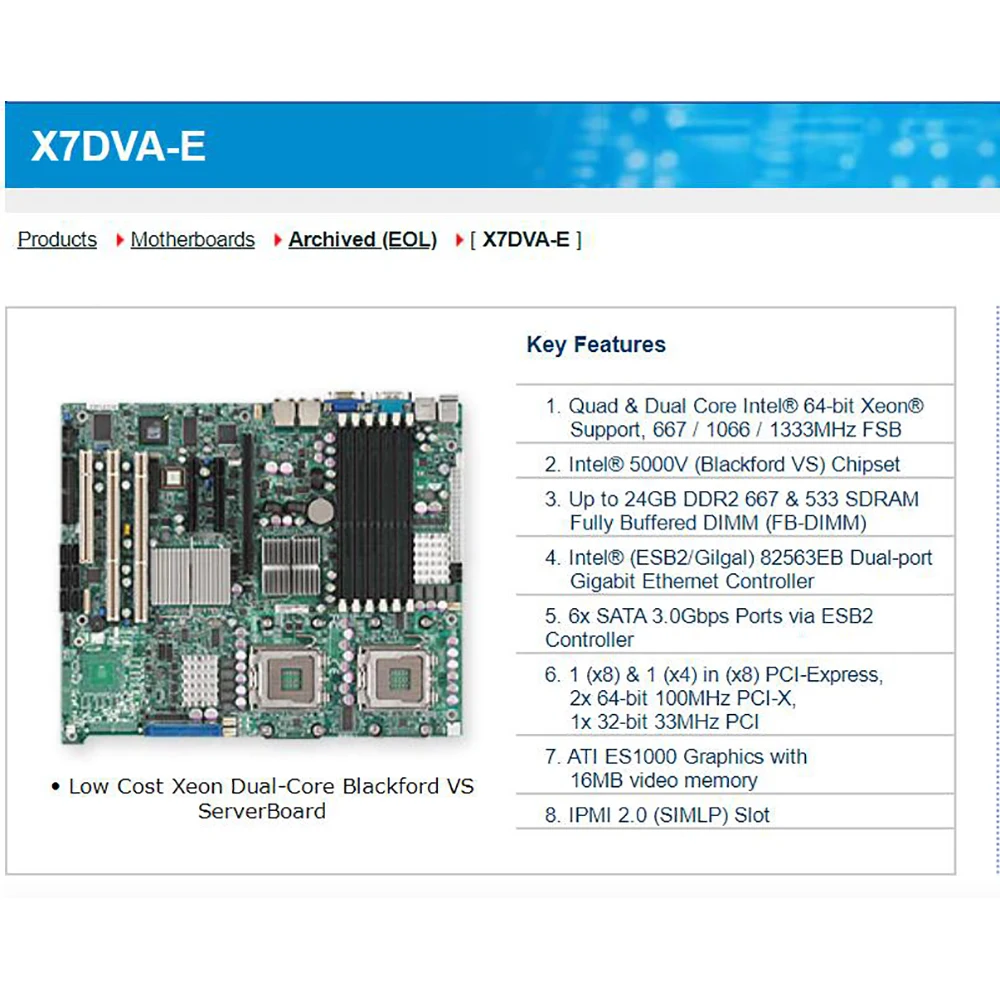 For Supermicro Motherboard Quad & Dual Core 64-bit Xeon SATA 3.0Gbps DDR2 X7DVA-E 