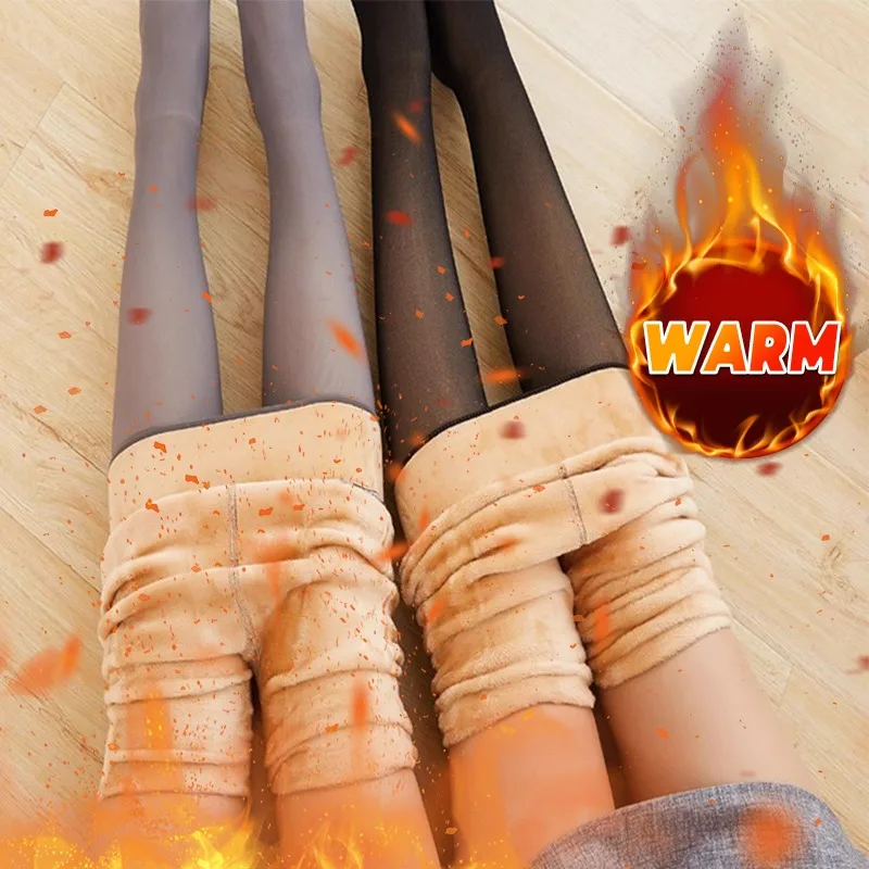 

Women's Thermal Leggings Winter Warm Sexy Elastic Translucent Pantyhose Fleece Thermal High Waist Slim Thicken Tight Pants 300g