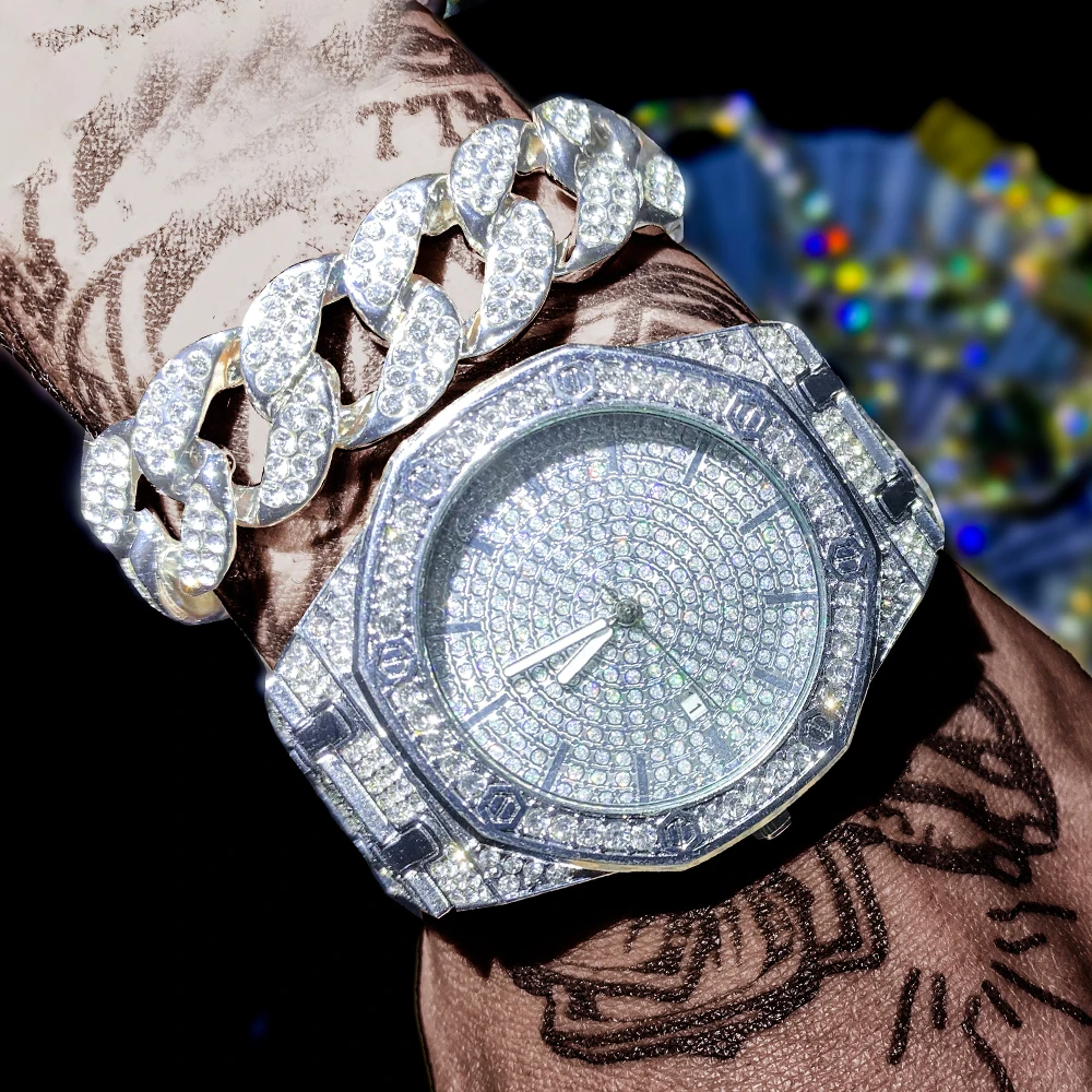 Full Iced Out Watch for Women Bling Bling Cuban Tennis Chains Bracelets Green Water Ghost Luxury Watches Women Set Reloj Mujer
