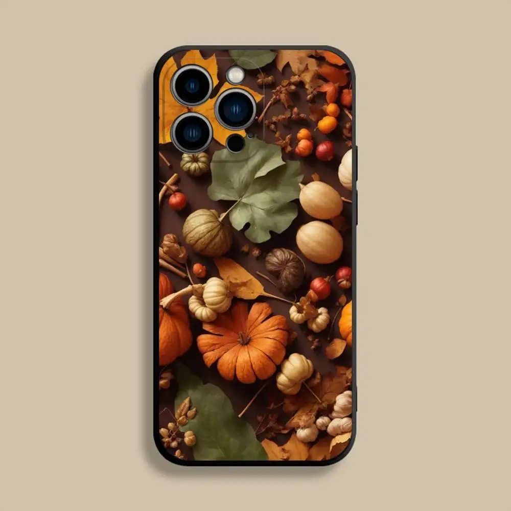 Etui na telefon z motywem jesiennych liści i dyni do iPhone'a 17, 16, 15, 14, 13, 12, Pro, Max, Plus, E, SE4, Air, Mini, czarne, miękkie.