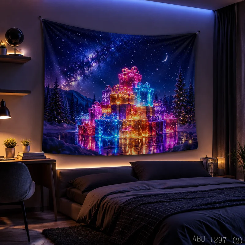 VIKAMA Gift Box Stack Christmas Tree Nebula Snowflake Christmas Tapestry Background Hanging Cloth Living Room Room Decoration