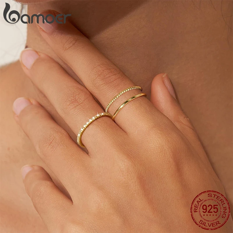 BAMOER 925 Sterling Silver 18K Gold Plated Finger Ring Full Zircons Paved for Women Dazzling Stacking Anillos Jewelry Party Gift