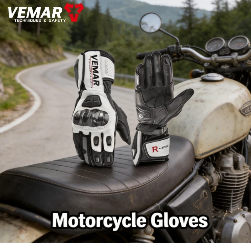 VEMAR ﻿Motorcycle Riding Gloves for Men, Genuine Leather Carbon Fiber Shell, Non-Slip, Impact-Resistant Touch Screen Moto Gloves