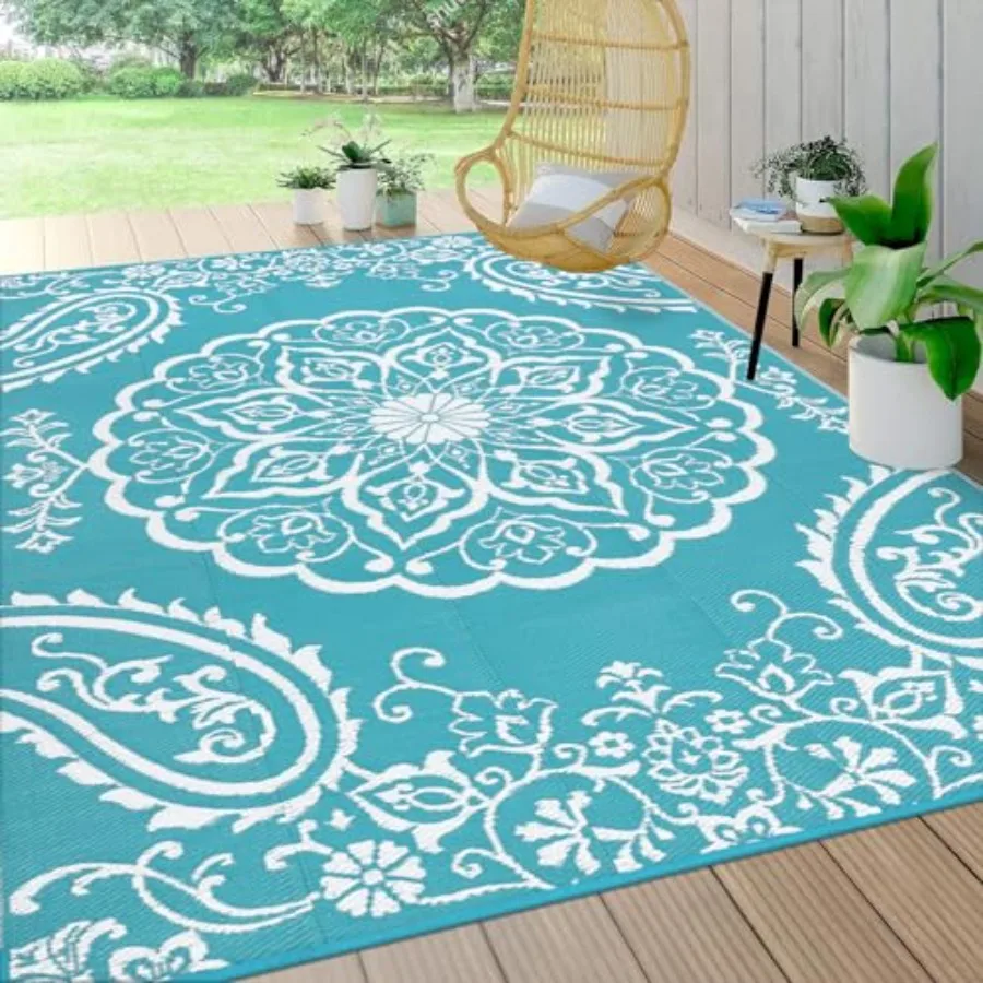 

Waterproof Outdoor Rug 10x14 Reversible Plastic Straw Patio Camping Rug in Boho Teal for Deck Camper Porch Balcony Backyard Pic