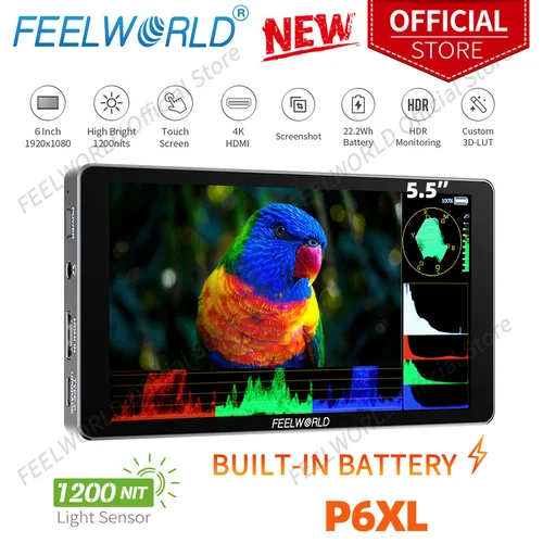 FEELWORLD-DSLRカメラフィールドモニター、p6xl、アルミニウム内蔵バッテリー、高輝度、4K HDMI、6インチ、1200nit