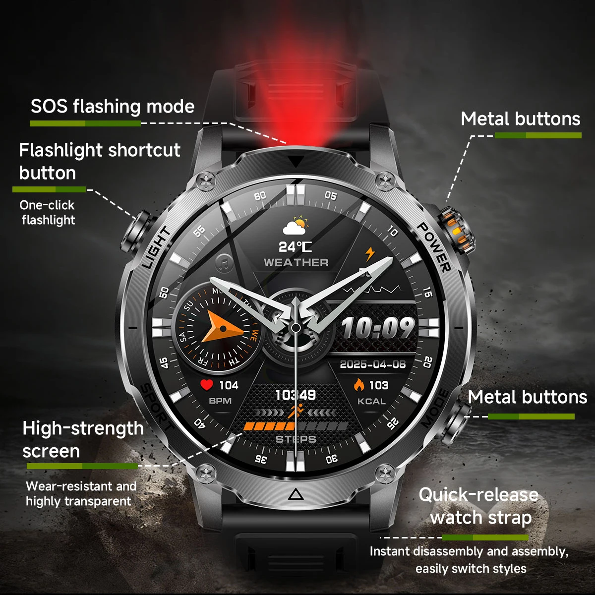MEVADEN 1,7" Großbildschirm Herren Smartwatch Bluetooth-Anruf Sport-Fitness-Tracker Taschenlampe 1400mAh Gesundheitsmonitor Smartwatch – Detail 7