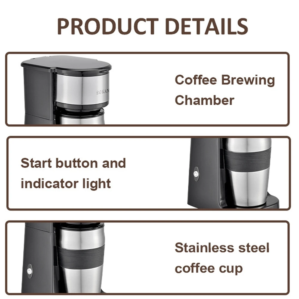 Sokany Powerful 750W One Touch Control Single Serve 2 In 1 Drip Coffee Maker Brewer With Stainless Steel 14oz Mug Tumbler Combo