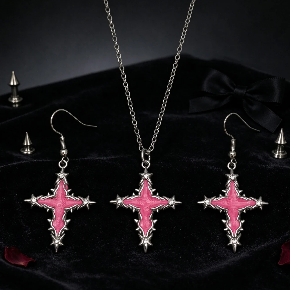Gothic Style Cross Star Jewelry Two-Piece Set, Enamel Diamond-Encrusted Cross Pendant Necklace and Earrings, Vintage Women's Decorative Accessories