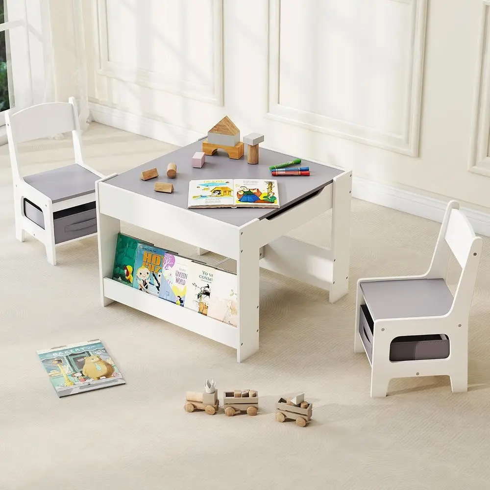 Kids Table and Chair Set, 3 in 1 Wooden Activity Table with Detachable Tabletop, Toddler Table and Chair Set with Storage Der, K