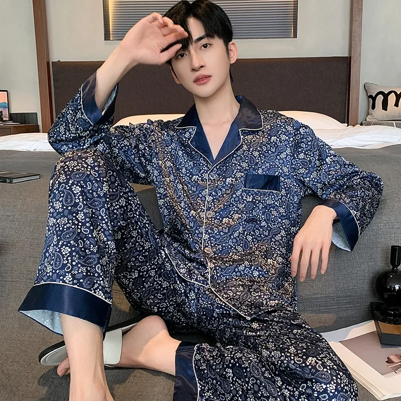 Long Sleeve Mens Stain Silk Pajama Sets Short Sleeve Shorts Men Pijama Printed Pajamas Men Sleepwear Thin Silk Pajama For Men