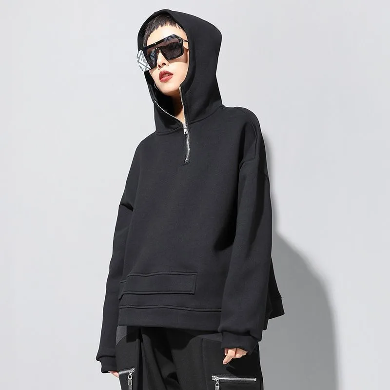European Station Fried Street Sweater Women' Fleece Sweater Hooded Sweater High Neck Trend Outline Asymmetrical Exquisite Simple