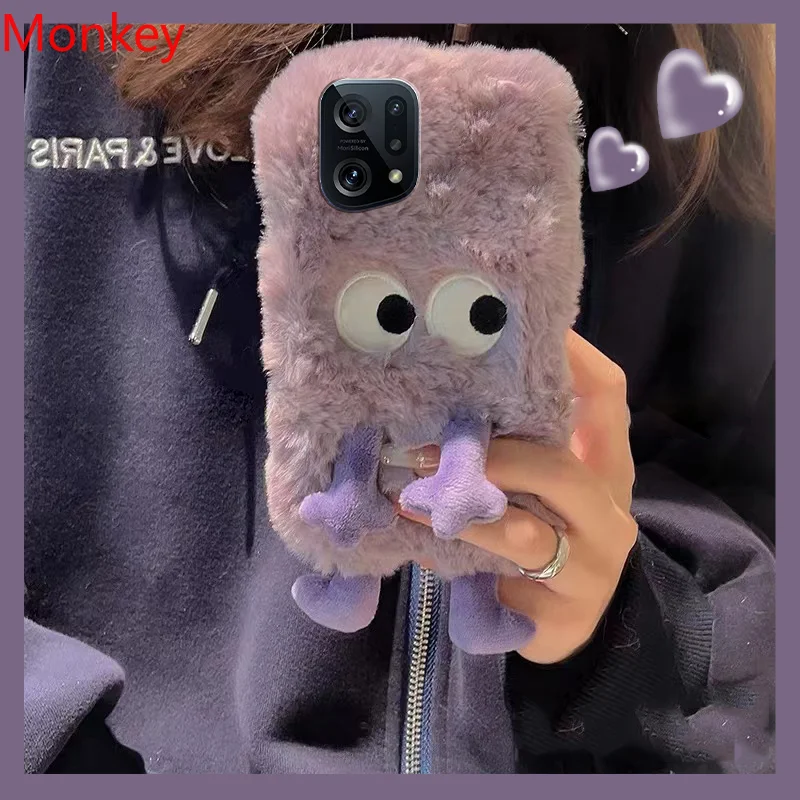 Korean Cute Cartoon Fuzzy Plush Phone Shockroof Case For OPPO Find X5 X3 X2 A17 A16 A15 A95 A94 A93 A74 A54 A12 A5S 3D Soft Case