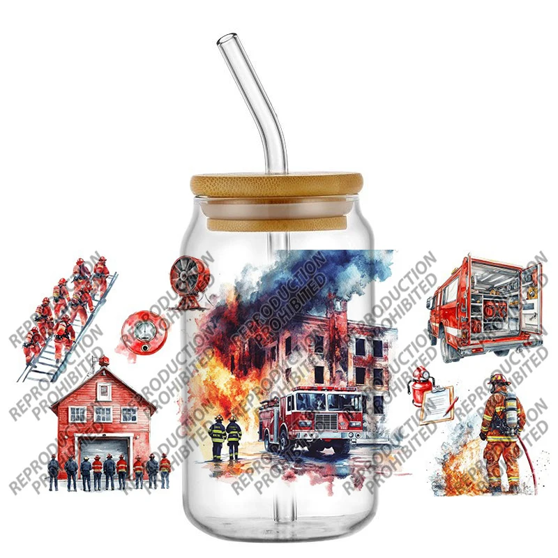 Popular Firemen Painting Proud Hero Dad 16oz UV DTF 3D Transfers Sticker Decals Wraps For Glass Can Cup Craft DIY Gift Creative
