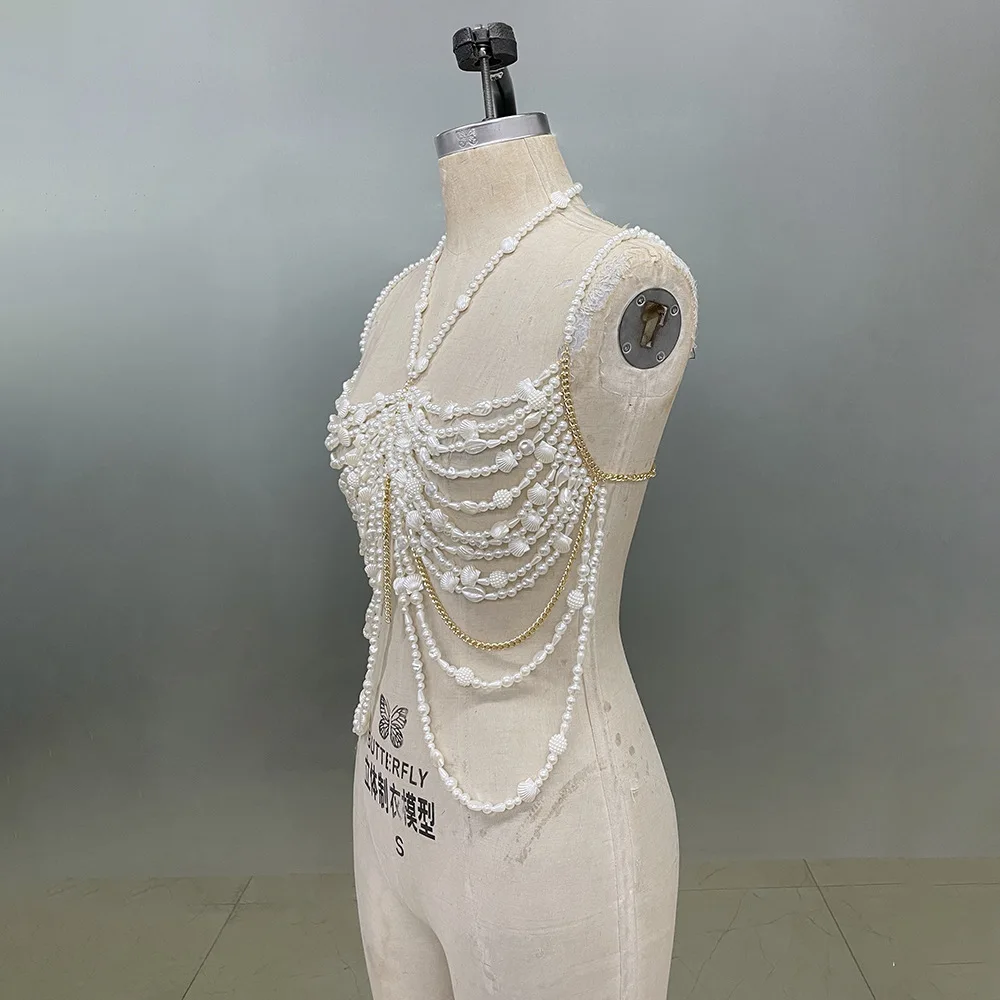 Baroque Irregular Pearls Hollow Out Multi-Layered Tassels Jewelry Body Bra Chain Top Beaded Bikini Bra