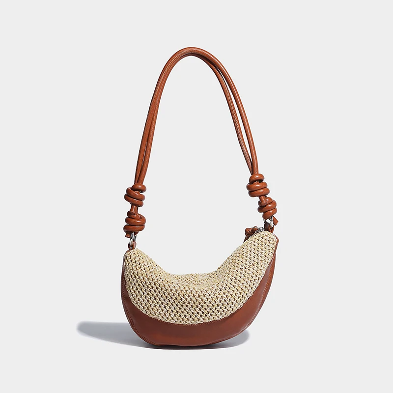 Bolso tejido retro de lujo Bolso de paja estilo vacaciones en la playa Bolso de media luna exquisito y versátil Bolso de hombro simple de gama alta Gran capacidad Bolso cruzado moderno y de moda Bolso de lujo