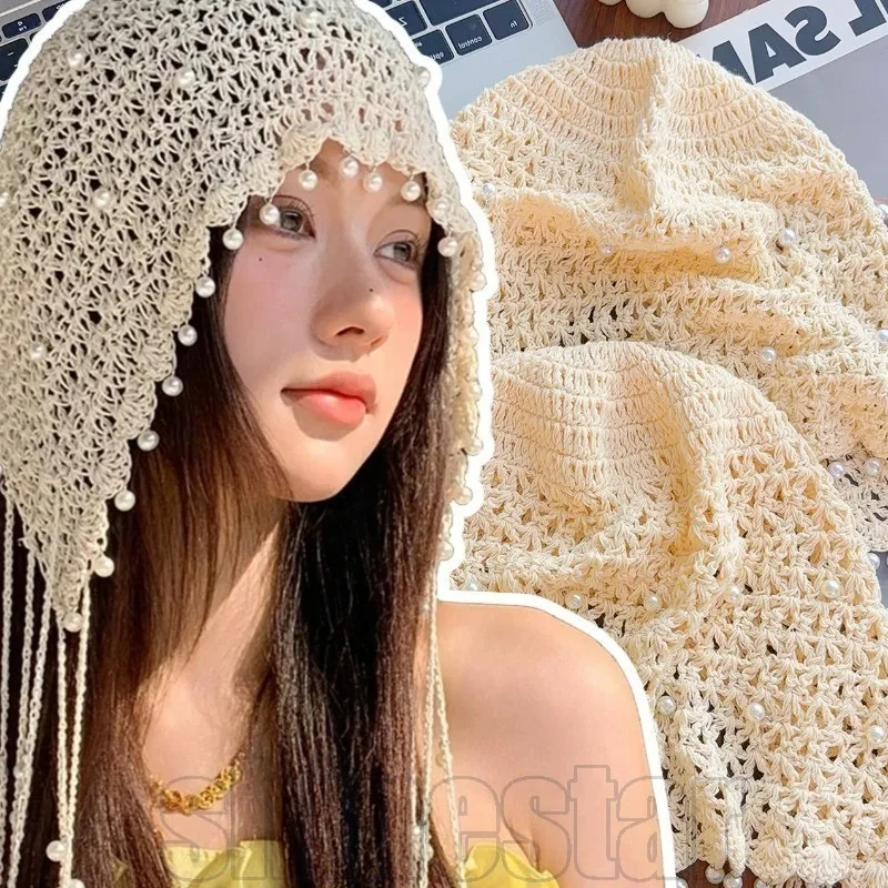 

Multi Purpose Knitted Headband Cap Bohemian Floral Design for Women Scarf Headband Korean Pastoral Headdress Knitted Headwear