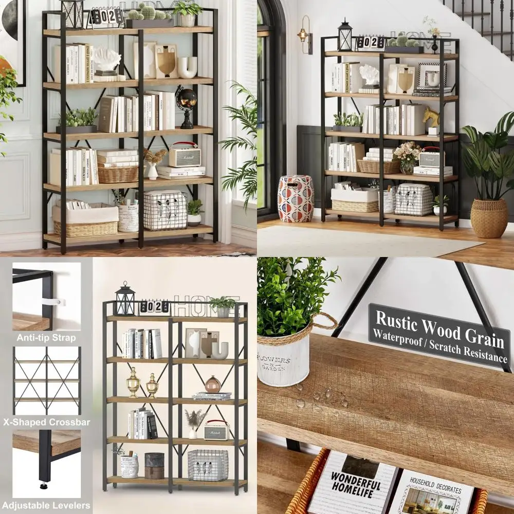

Industrial Style 5-Shelf Tall Bookshelf with Rustic Wood and Metal Frame for Large Storage