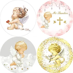 Mehofond Background Baptism Round Circle Custom Baptism My First Communion Boy Girl Angel Mi Bautizo Party Decor Backdrop Cover