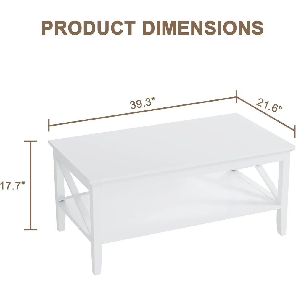Rectangular Modern Living Room Coffee Table with Storage Shelf, 39 Inch, Classic X Design