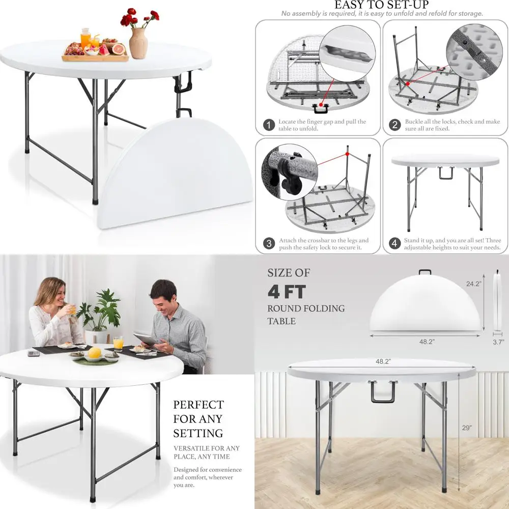 Portable Folding Round Card Table 4 Feet, Heavy Duty Plastic, Half Foldable, with Carry Handle - Ideal for Indoor and Outdoor Us