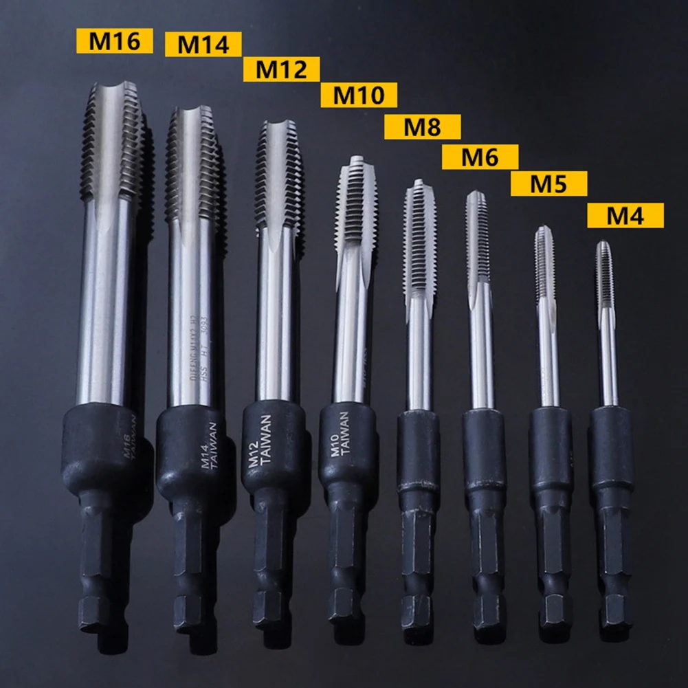 1/4 Hex Shank Thread Tap Socket Adapter M4-M12 HSS Straight Fluted Screw Tap for Machine Tapping Threading Tool 6Pcs