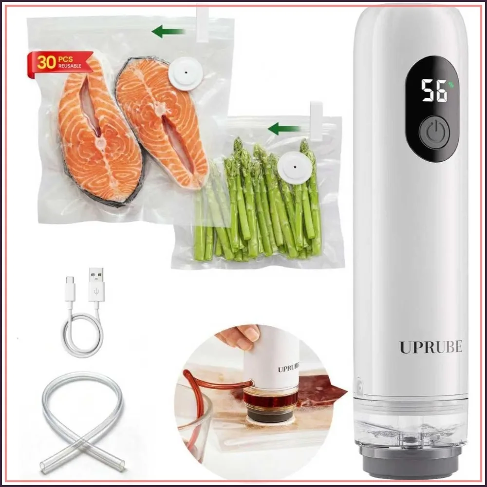 

Compact Vacuum Sealer for Food with 30 Reusable Bags, Handheld LED Display & Liquid Drainage Tube
