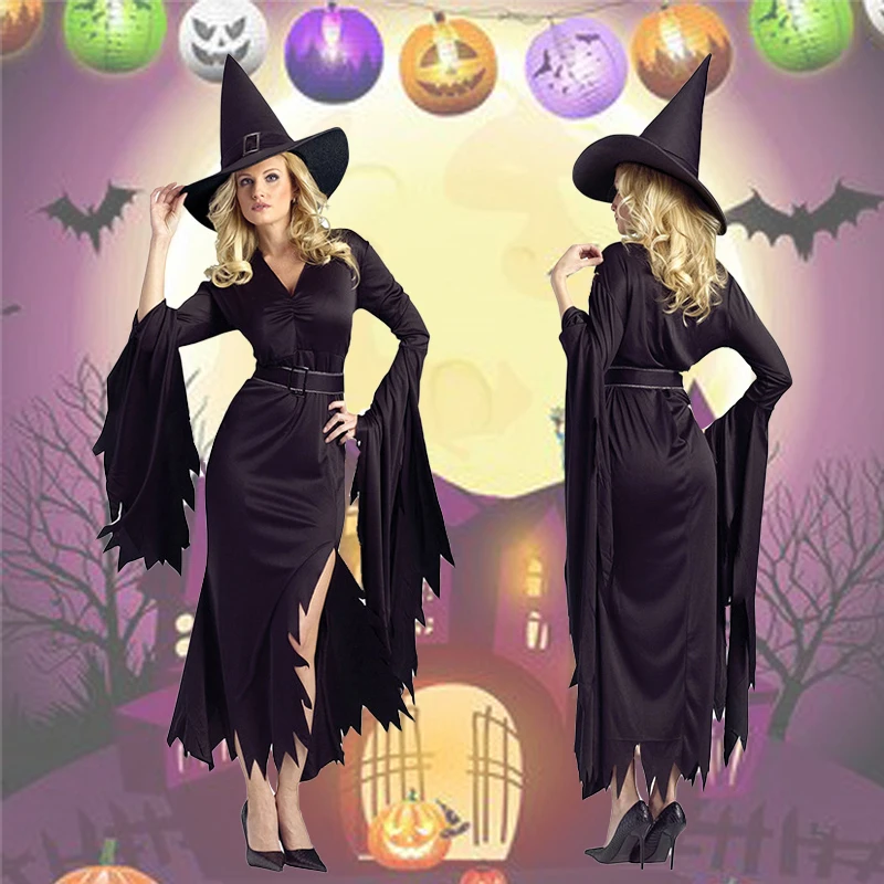 Fatos de Bruxa Halloween para Mulher, Roupa Cosplay Black Wizard, Fantasia Sexy, Masquerade, Festa de Carnaval, Vestidos Performance, Adulto