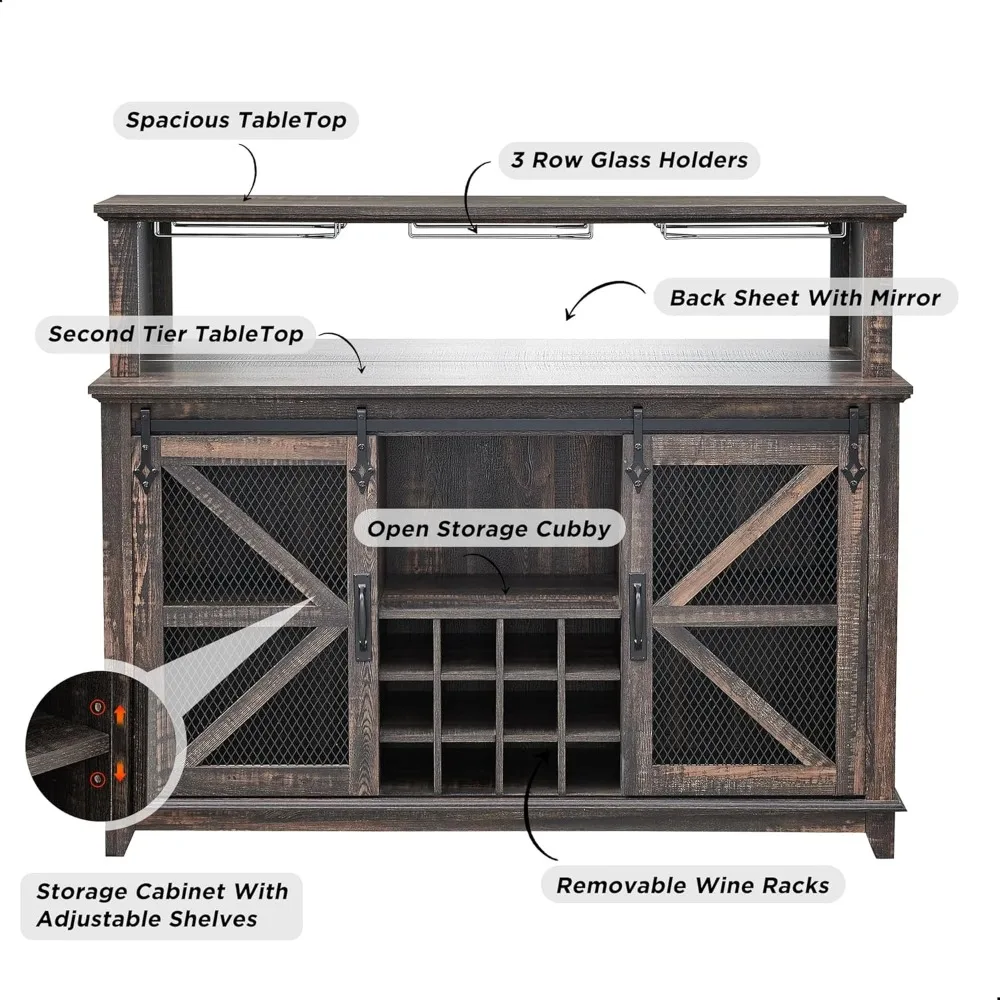 OKD Farmhouse Coffee Bar Cabinet com luzes LED, Sideboard Buffet Table, deslizante porta de celeiro, vinho e vidro Rack, casa, 55"