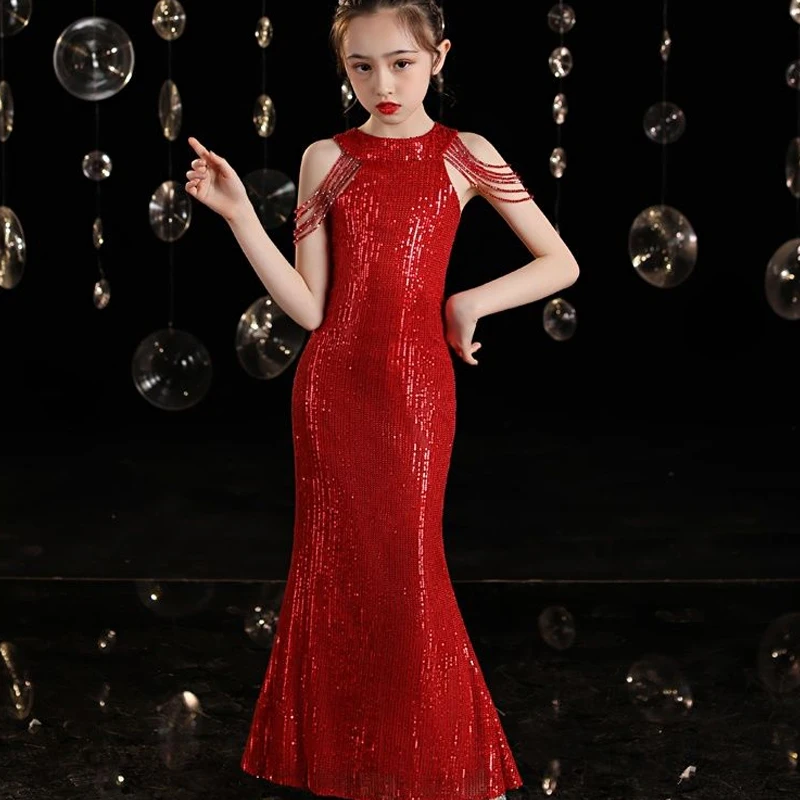 

Girls Catwalk Dresses Teens Kids Elegant Bridesmaid Wedding Dress Sequin Child Party Christmas Evening Gown Prom Cocktail Dress