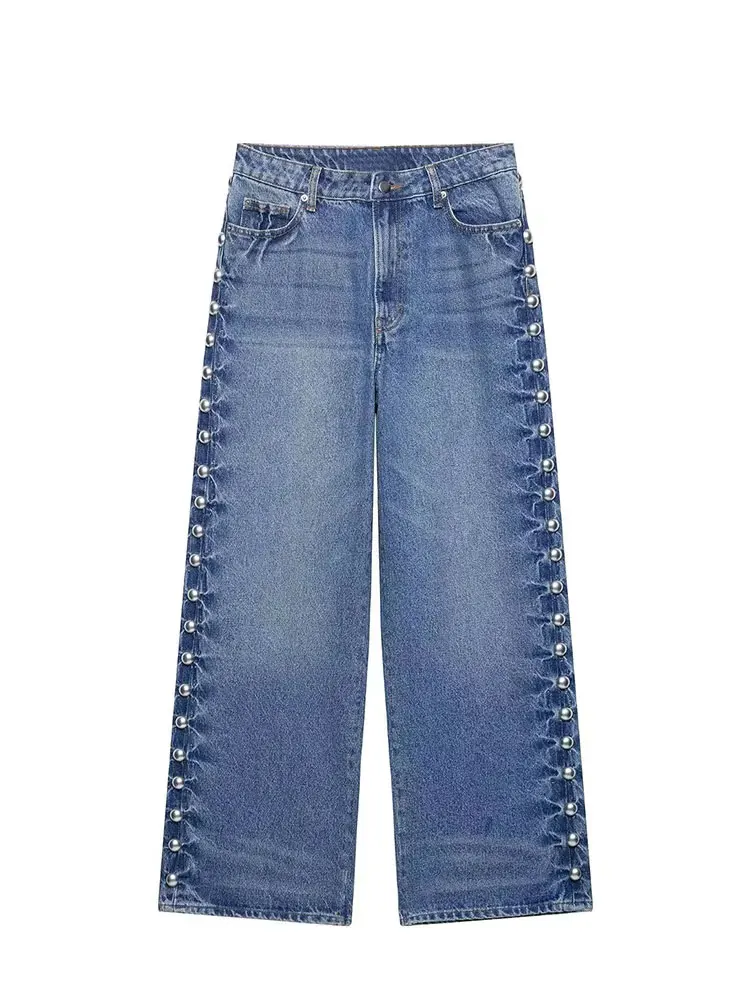 HH Street Fashion Straight With Metal Rivets High Waist Loose Wide-leg Jeans For Women Autumn Versatile Pants Vintage Bottom