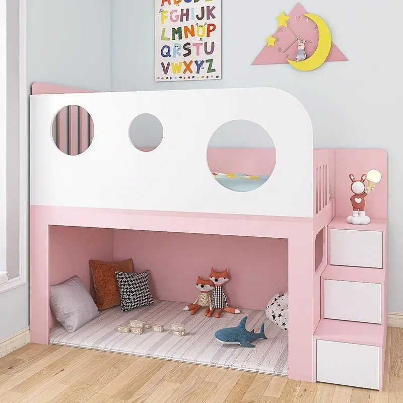 Solid Wood Children's Half Height Bed with Storage and Step Ladder High Guardrail Medium Loft Bed for Boys Girls Pink Small