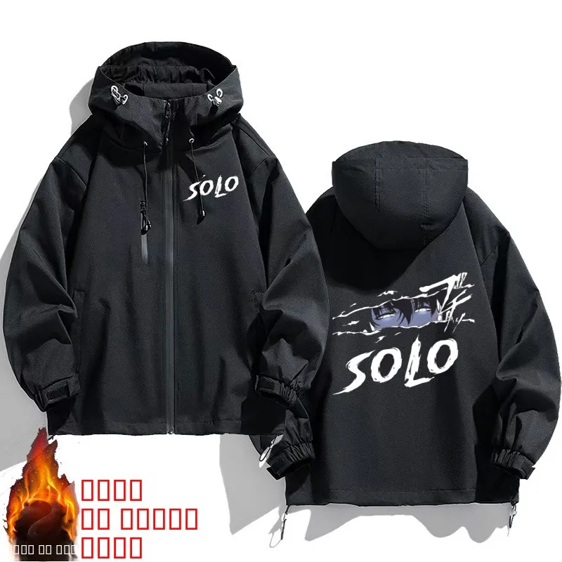 

Sololeveling Men's Loose Fit Jacket with Hood Printed Polyester Fiber Windproof Youth Fashion Autumn Winter Coat Outerwear