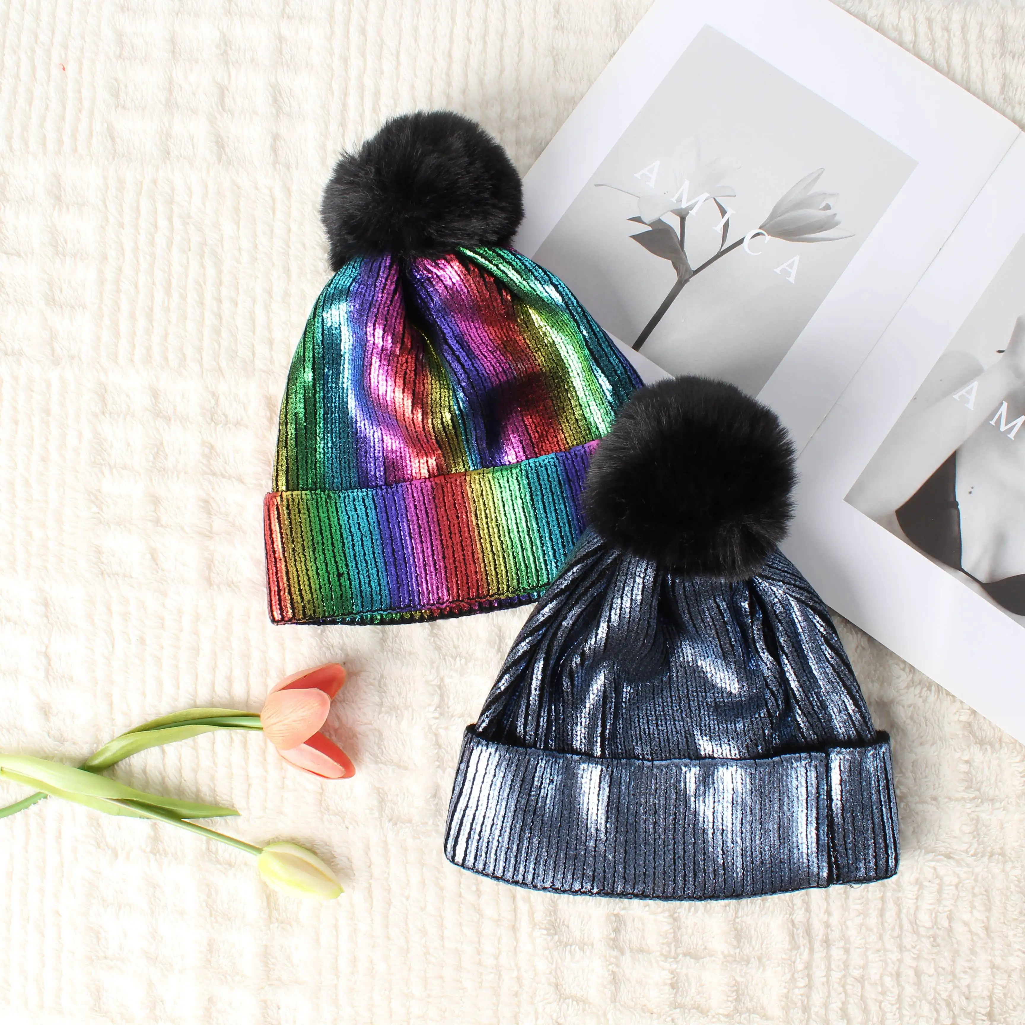 Autumn and winter knitted hats, hot pressed gold wool ball yarn Christmas hats, men's and women's warm pullovers, brimless hats