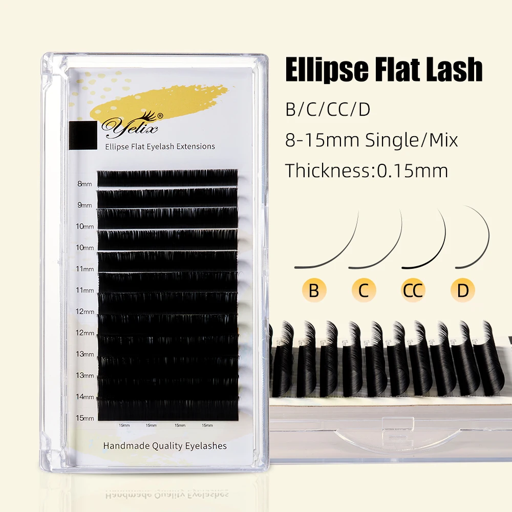 Yelix New 12 Rows Flat Ellipse Eyelashes Extensions 0.15 Matte Black Split Tips False Eyelashes Natural Soft Lashes Makeup Tools