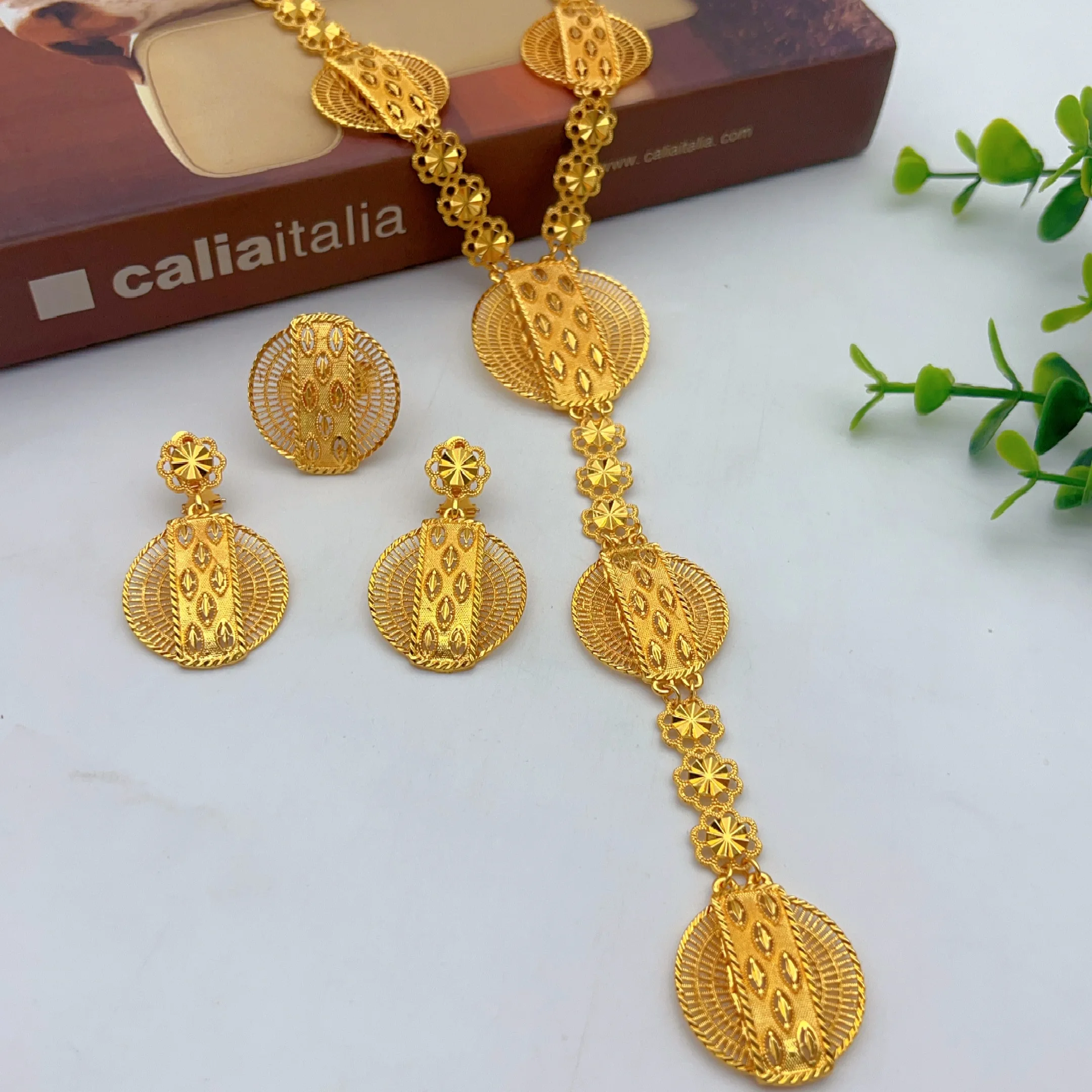 Afrikanisches langes Halsketten- und Ohrring-Set für Damen, Dubai, 24 Karat vergoldet, Nigeria, indischer Brautschmuck, Hochzeitsgeschenk, Schmuck – Detail 3