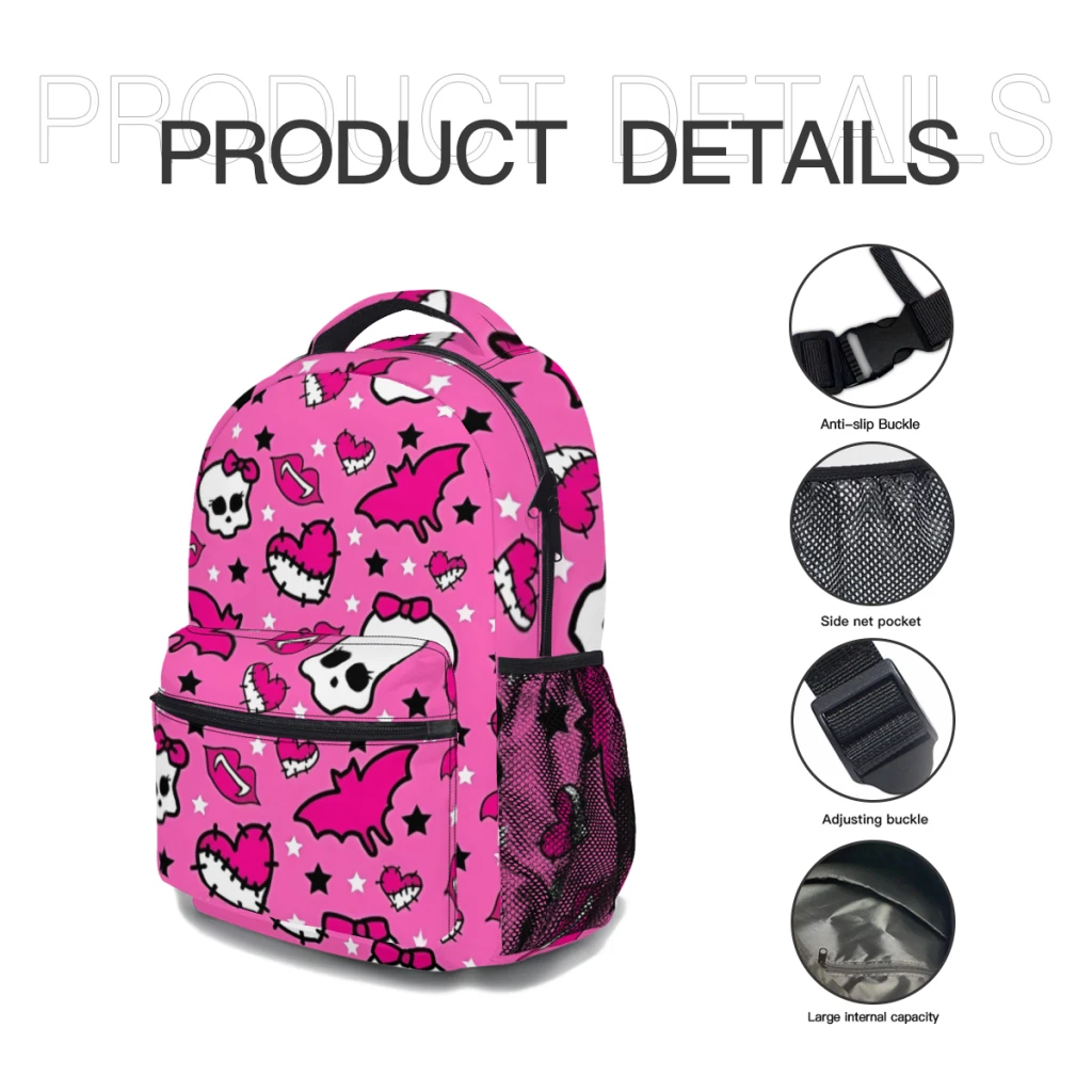 Monster High Pretty Pink Pattern New Female Fashion boys High Capacity Waterproof College Backpack  17inch ﻿