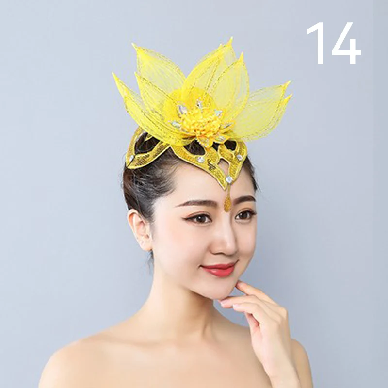 Dance Elegant Veil Brim Hats Headdress Show Stage Performance Costume Hair Accessories Women Yangko Folk Dance Hair Flowers