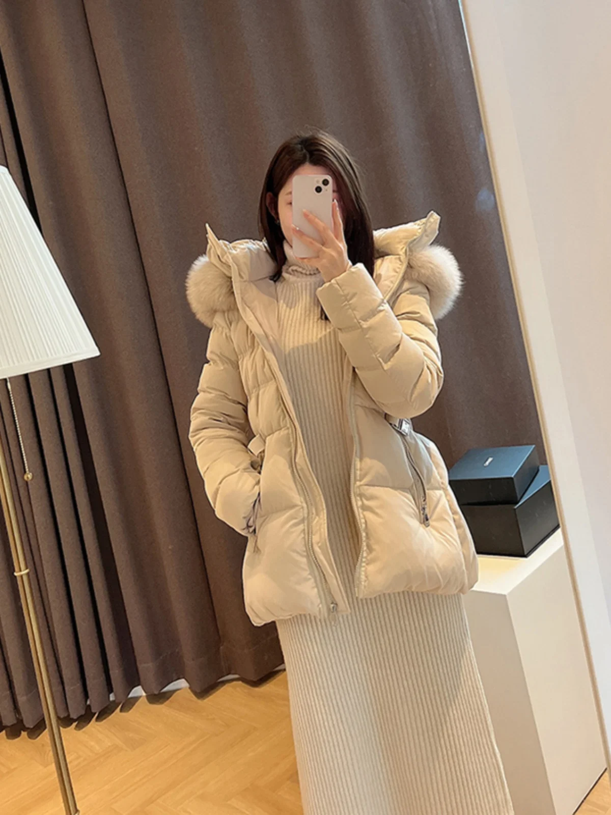 Koreaanse Sle Dames Gewatteerde Jaet Grote Bontkraag Wit Du Down Halflange Afslankende Warme Jas Ritssluiting Thiened