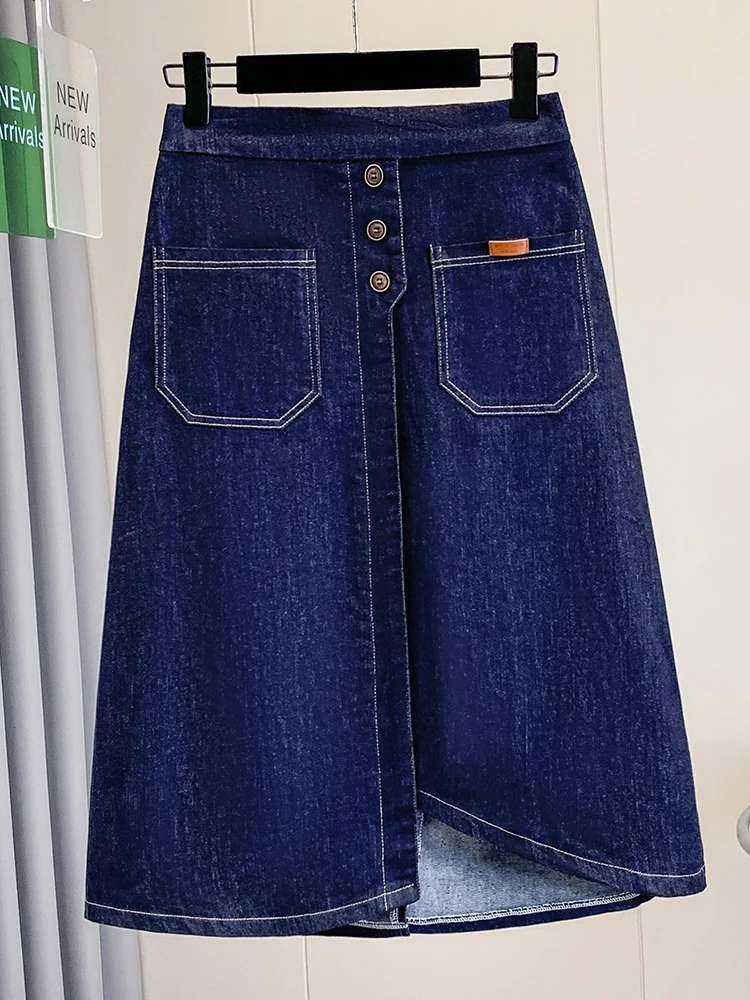 Slimming Effect Korean Style Elastic Waist Denim Skirt Mid-Length A-Line Skirt for plus Size Women Early Autumn Collection