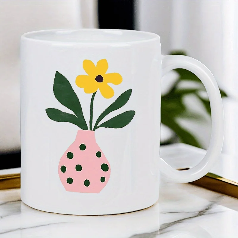 Ceramic Mug with Cute Pink Vase & Yellow Flower Design - Hand Wash Only, Reusable Coffee Cup for Morning Tea, Office Desk Decor