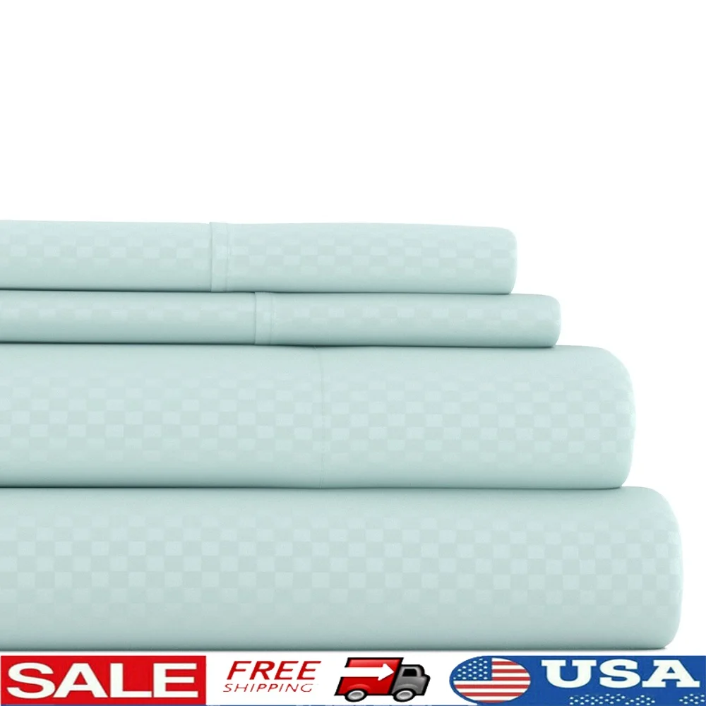 

4 Piece Aqua Checkered Embossed Bed Sheet Set Queen Soft Microfiber Durable Deep Pocket Wrinkle Free Easy Care All Season
